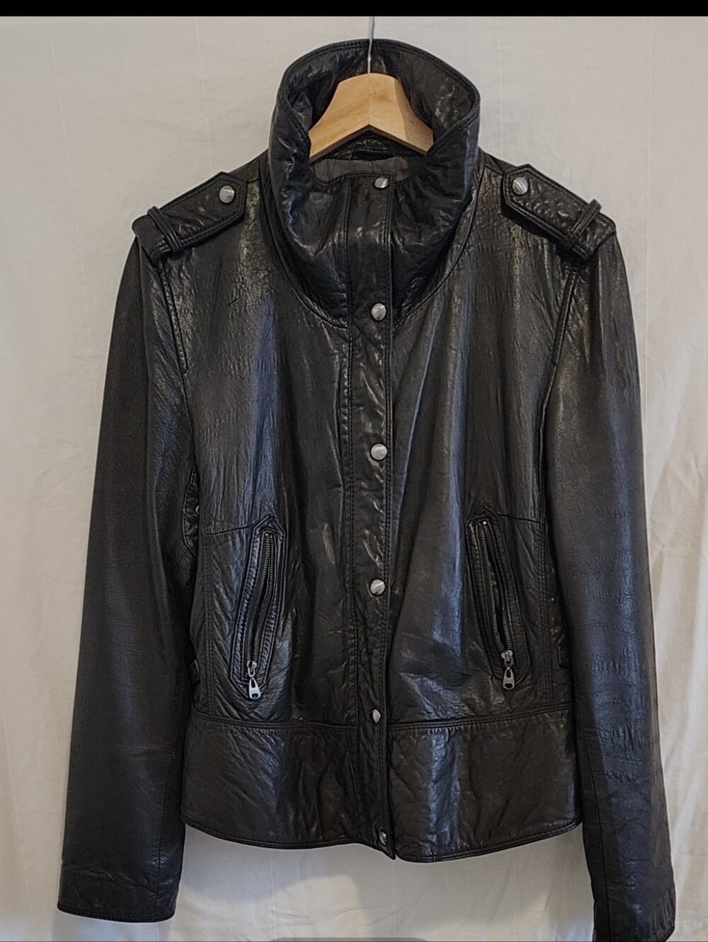 Marc New York Funnel Neck Black Leather Jacket High-Collar Zip Coat